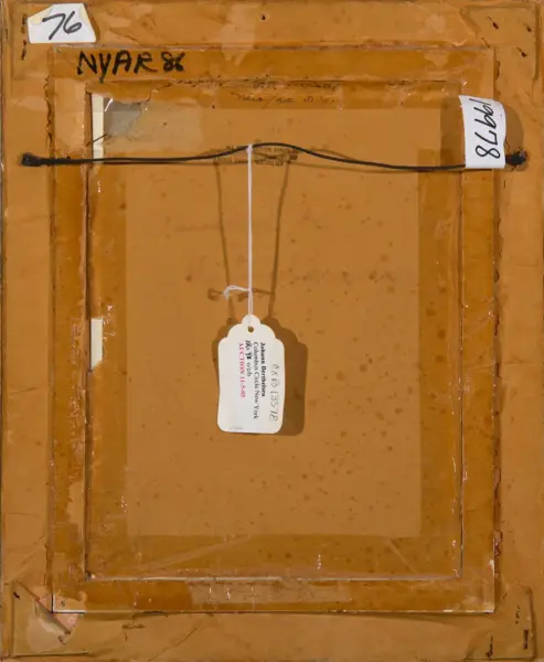 Back of a framed artwork with a black hanging wire, white inventory tags, and handwritten numbers on a brown wooden frame logo/tag area.