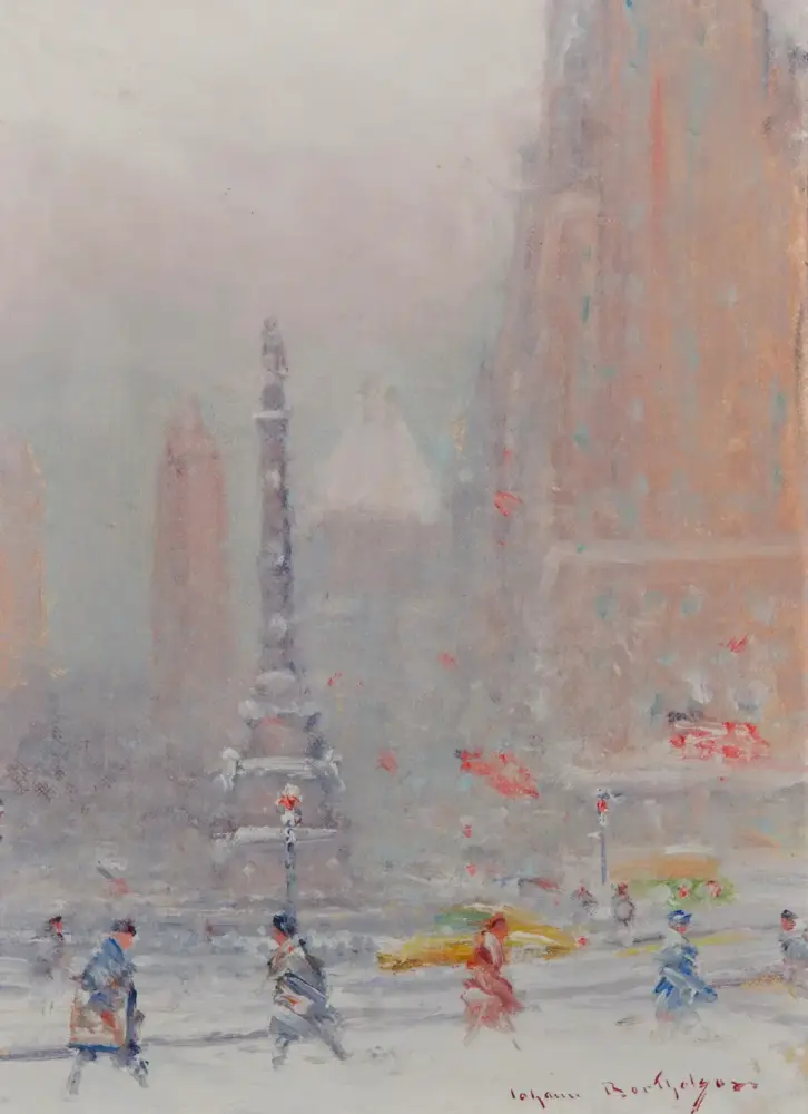 Impressionistic winter city scene with a distant tall spire, muted pastel colors, and blurred pedestrians in the foreground.
