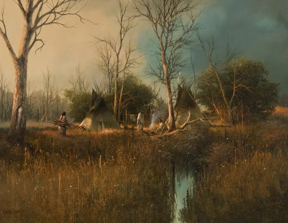 Oil painting of a marsh camp with leafless trees, two cone-shaped teepees, a small campfire with rising smoke, and two figures gathering wood, reflected in a narrow waterway; signature reads Gene Speer.
