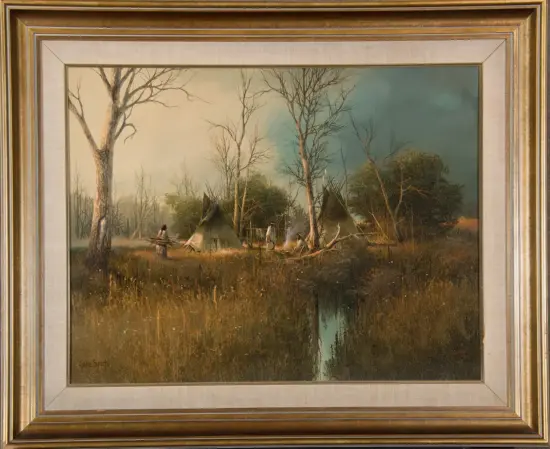 Painting of a campsite with teepees among bare trees, a small creek, and campers gathered near a fire.