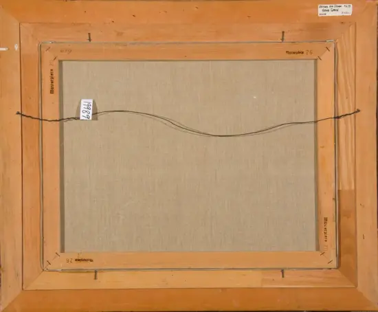 Back of a stretched canvas in a wooden frame, with a hanging wire across the back and small label stickers along the edges.