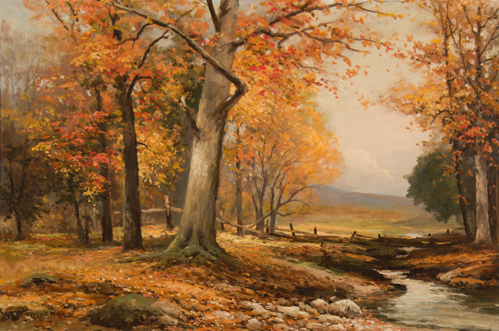 Autumn forest scene with orange, red, and yellow leaves along a small stream and a rustic fence.