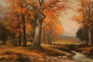 Autumn forest path with orange and red leaves, a winding stream, and distant hills in the background.