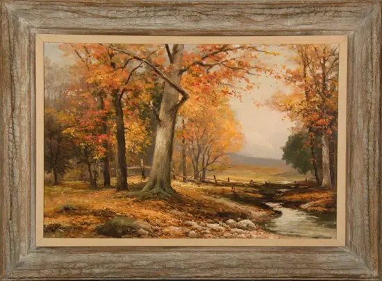 Autumnal forest by a gentle stream with orange and gold leaves and a distant hillside.
