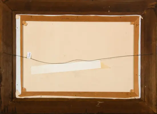 Back of a framed painting showing the wooden stretcher, hanging wire, and a handwritten label 'Autumn Leaves' at the top.