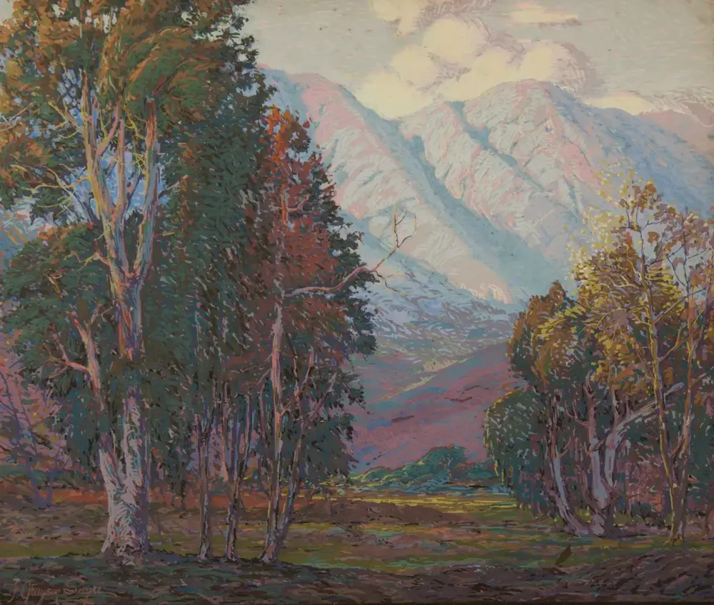 A forest path with tall trees leading toward distant snow-capped mountains under a pale sky, in an impressionistic style.