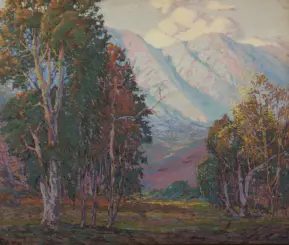 A forest path with tall trees leading toward distant snow-capped mountains under a pale sky, in an impressionistic style.