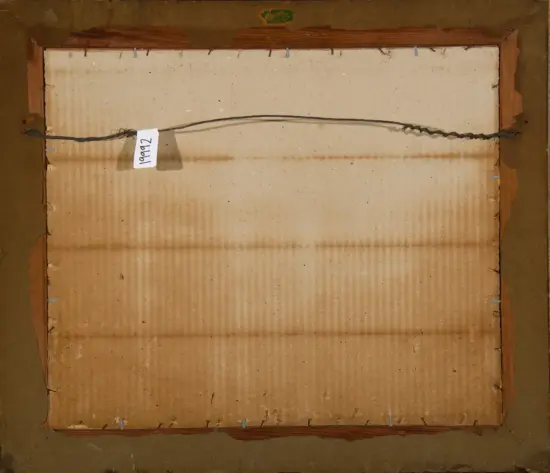 Back of a framed artwork showing cardboard backing, a twisted wire for hanging, and a small white label with handwritten numbers.