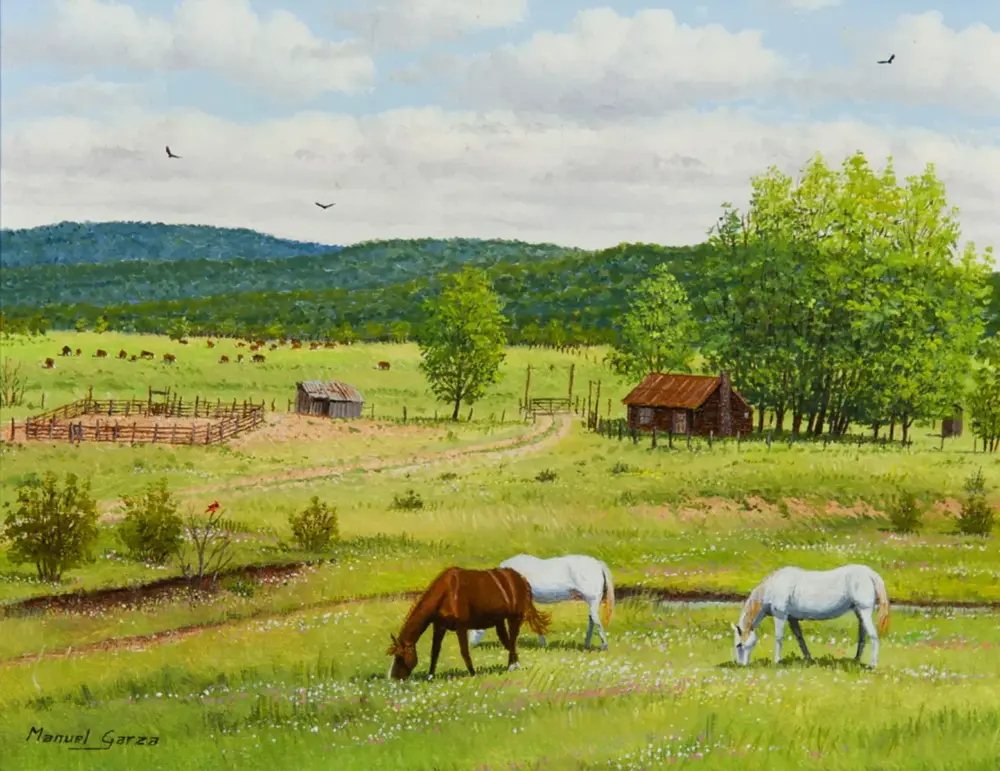 Pastoral landscape: horses grazing in a sunlit meadow with fences, a small shed, and trees against distant green hills and a blue sky.