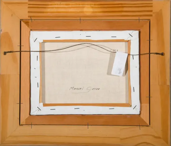 Back of a stretched canvas in a wooden frame, with a metal hanging wire across the back and a white label; canvas shows a handwritten signature.