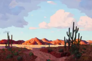Desert landscape painting with tall cacti, red rocky hills, and a bright blue sky with fluffy clouds.