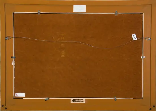 Back of a framed painting showing a brown fiber mat and a metal hanging wire running horizontally across, with clamps at the sides and small labels on the frame.