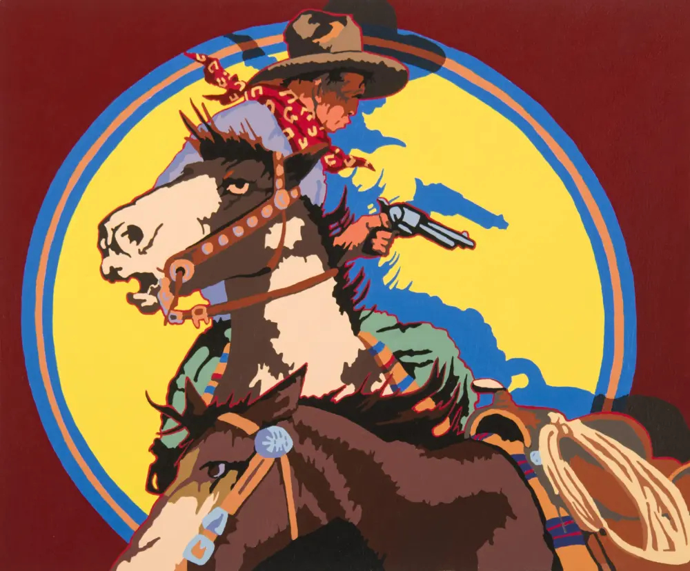 Cowboy on horseback wearing a hat and red bandana, holding a lasso in front of a bright yellow emblem.