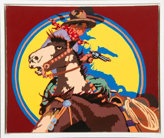 Cowboy on a bucking horse, pistol drawn, wearing a hat and red scarf, against a bright yellow circular backdrop with red border.