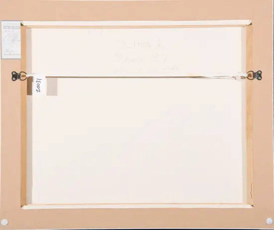 Back of a framed artwork showing a hanging wire, small left label, and a handwritten title 'Schenck March 2017' on the back panel.