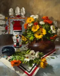 Still-life painting of a brown vase overflowing with yellow sunflowers and orange and white flowers on a striped patterned cloth.