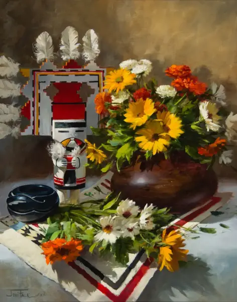 Still-life painting of a brown vase overflowing with yellow sunflowers and orange and white flowers on a striped patterned cloth.