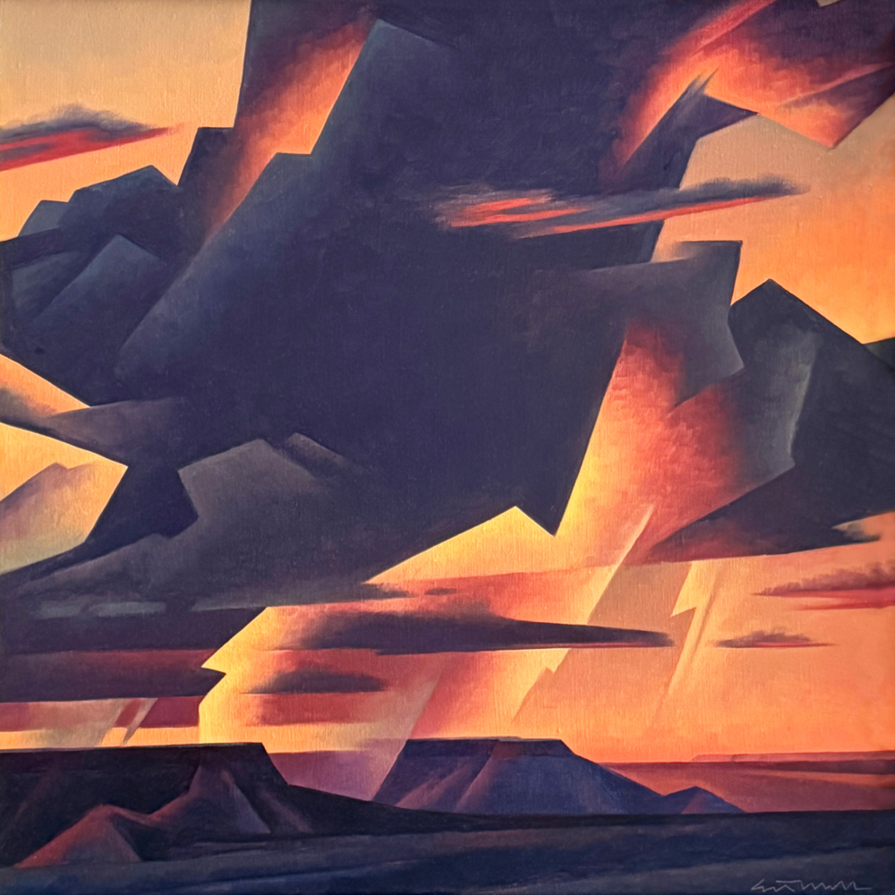 Abstract geometric painting with sharp, overlapping dark blue shapes against a warm orange background, suggesting a jagged, mountainous scene.
