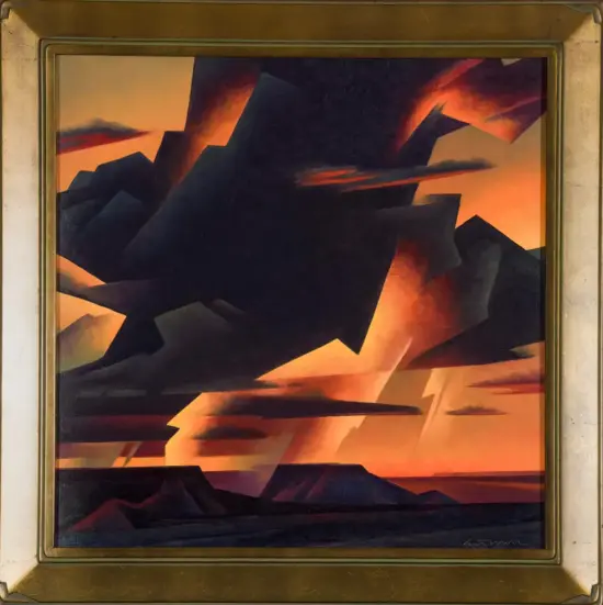 Abstract landscape in bold geometric shapes: jagged dark forms against a fiery orange sunset, framed in a gold border.
