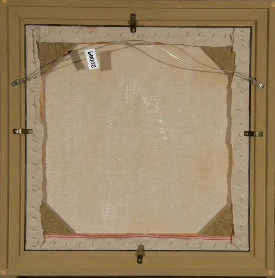 Back of a stretched canvas in a brown frame with hanging wire and a small '2009' tag; red taut string along the bottom edge.
