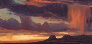 Impressionist landscape of a desert canyon at sunset with orange glow and dark, layered rock formations by the horizon.