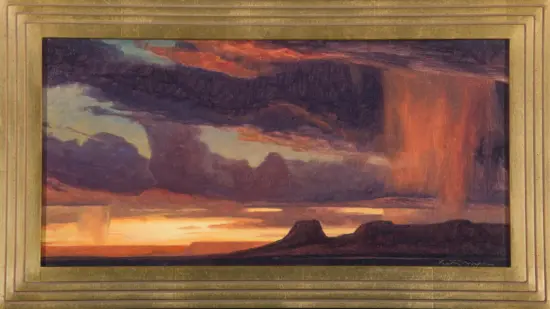 Framed landscape painting of a sunset over mesas with dramatic purple clouds and warm orange light.
