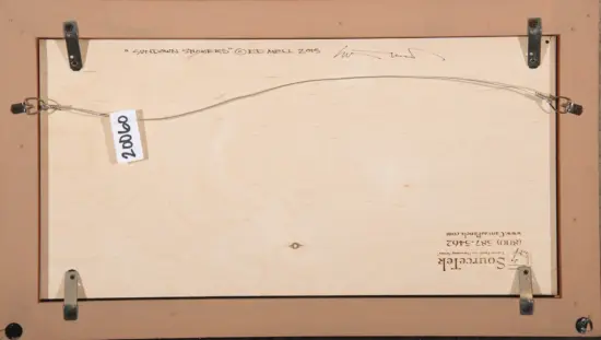 Back of a framed painting showing a wire hanging system and metal brackets on a wooden frame.