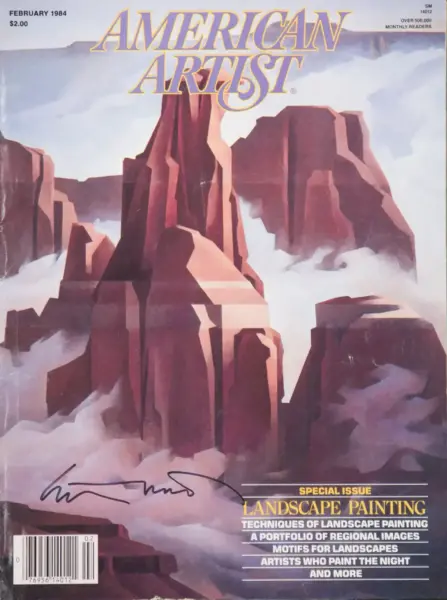 February 1984 issue of American Artist with a jagged red canyon landscape and cloudy sky on the cover, captioned 'Special Issue Landscape Painting'.