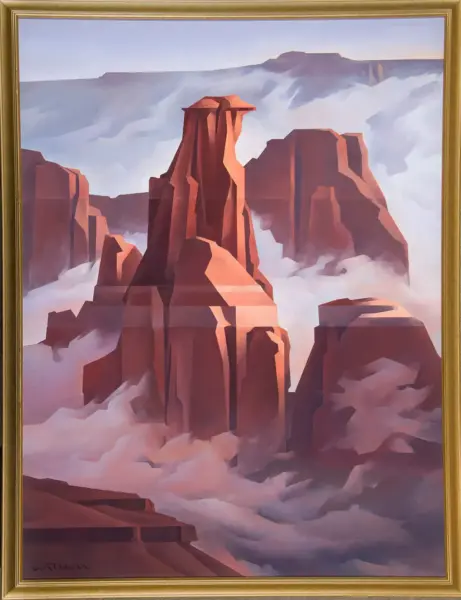 Stylized desert landscape with tall red sandstone spires rising above pink clouds and distant mesas under a pale blue sky.