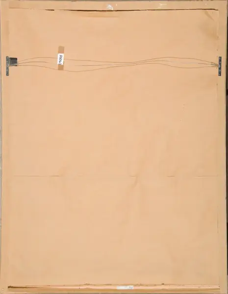 Back of a framed artwork showing a brown backing board, metal hanging hardware on both sides, a twisted wire across the frame, and a small taped tag with '2066'.