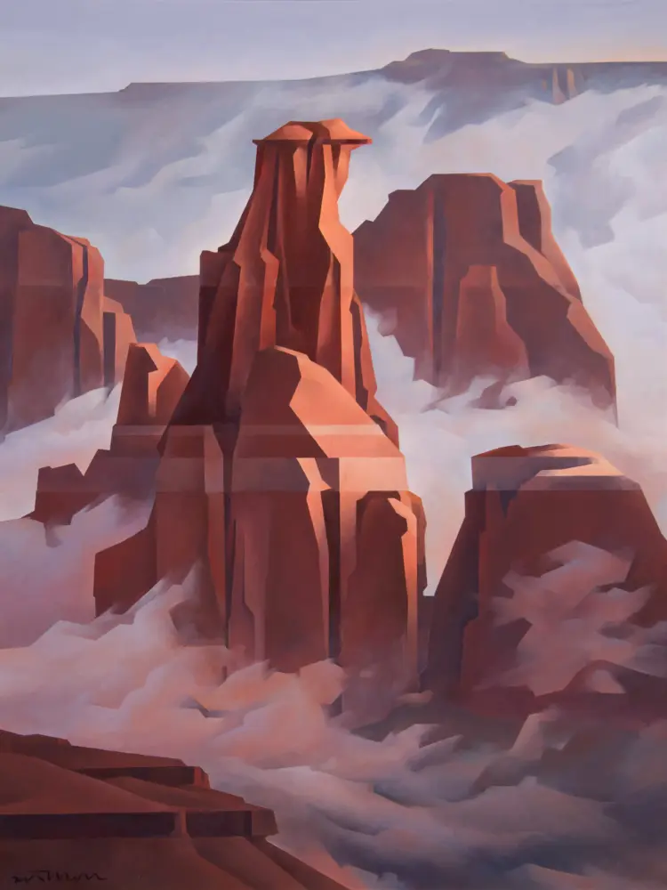 Stylized desert canyon with towering red rock spires rising through pale clouds at sunset.