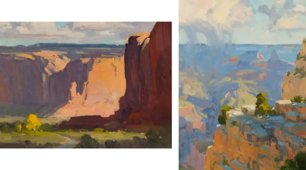 Two vertical landscape paintings side by side: left warm canyon with cliffs, right cool blue valley.