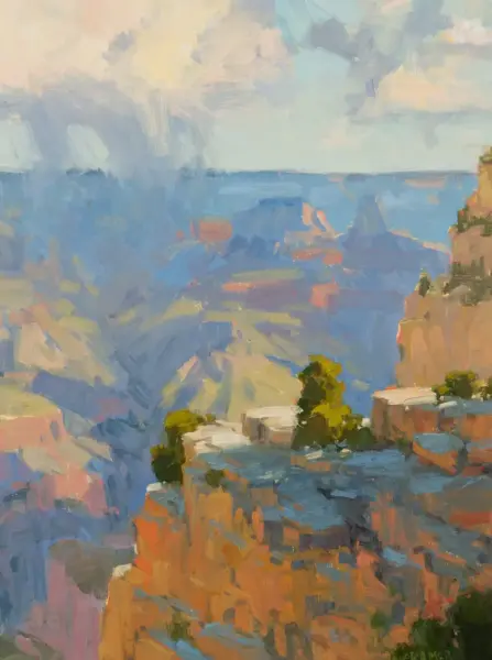 Impressionist coastal scene with blue sea, rocky cliffs, and small houses along the cliff edge under a pastel sky.