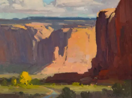Impressionist canyon scene: tall red cliffs on the right, warm light on tan rock faces, and a green valley with yellow flowers in the foreground.