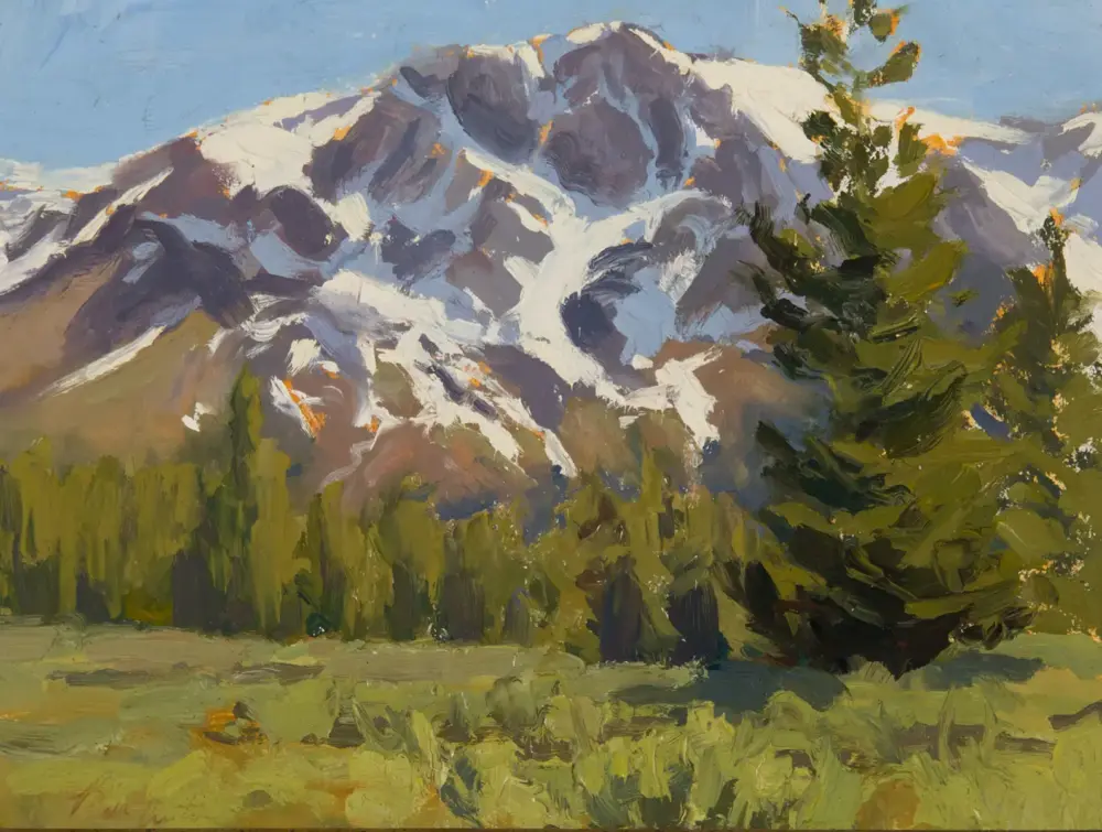 Impressionist landscape: snow-capped mountains with a green forest in the foreground under a blue sky, painted with bold brushstrokes.