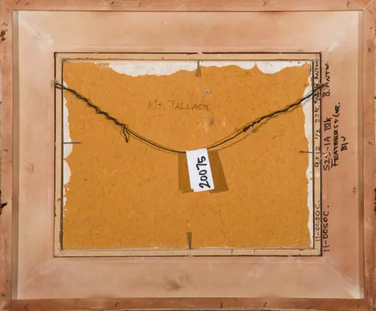 Back view of a wooden frame with a woven wire hanging system and an orange-brown backing, including a white tag labeled 20075.