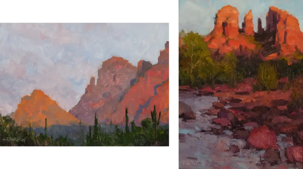 Diptych painting of desert canyon scenes with orange rock formations and green vegetation, painted in impressionistic brushstrokes.