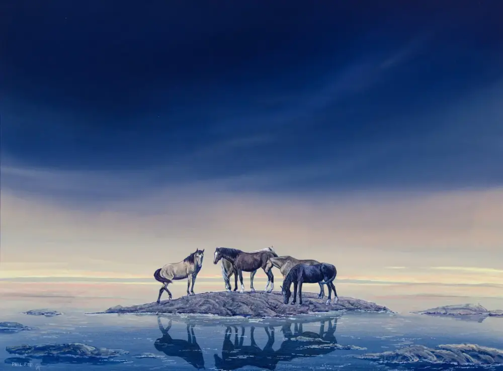 Four horses stand on a small rocky island at sunset, reflected in the calm water beneath a blue-to-peach sky.