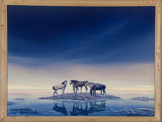 Painting of four horses standing on a rocky outcrop in calm water, with a gradient blue sky at dusk and their reflections visible in the water, framed by a distressed beige frame.