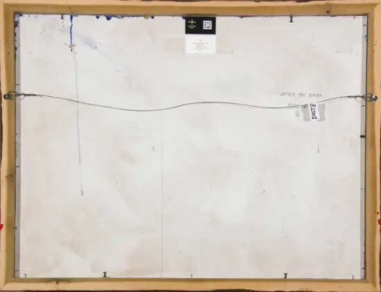 Back of a framed canvas showing a hanging wire across the middle and small labels/tags at the top center and right side of the frame.