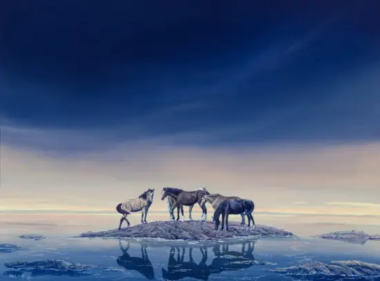 Four horses stand on a small rocky island at sunset, reflected in the calm water beneath a blue-to-peach sky.