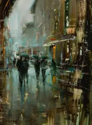 Abstract city street scene in rain with figures under umbrellas, hazy teal and brown tones and brushy, impressionistic strokes