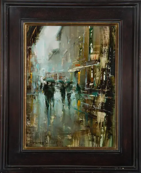 Abstract urban rain scene: pedestrians with umbrellas in a blurred, painterly city street, framed in dark wood with a gold inner edge.