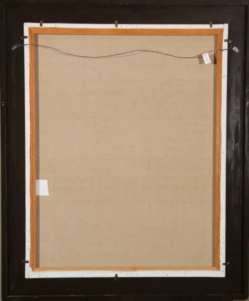Back view of a framed canvas painting with a beige canvas, wooden stretcher bars, and a metal hanging wire with a small tag attached to the right side.