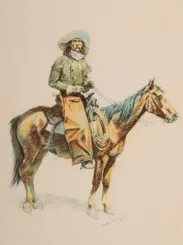 Cowboy in a wide-brimmed hat riding a horse, holding the reins in a colored sketch.