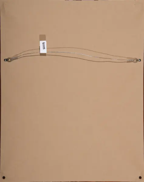 Two thin silver wires with end clasps stretched across a brown background, a white tag in the center reads '2011'.