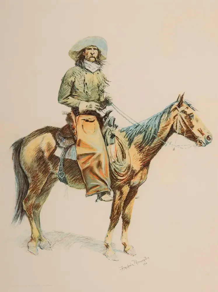 Cowboy in a wide-brimmed hat riding a horse, holding the reins in a colored sketch.