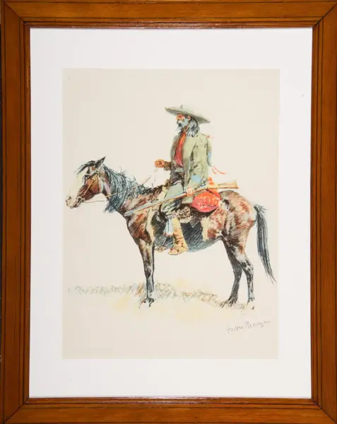 Framed color illustration of a cowboy in a wide-brim hat riding a horse, holding the reins and a lariat, signature visible.