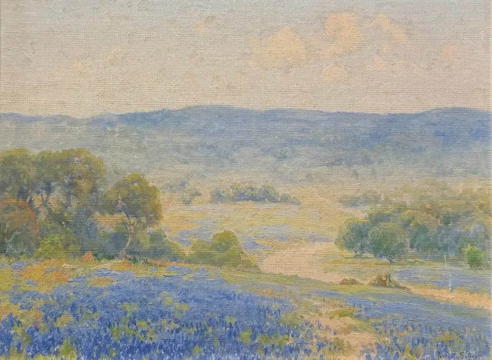 Impressionist landscape painting of a pale sky over blue hills, with a foreground of blue and yellow wildflowers and greenery.
