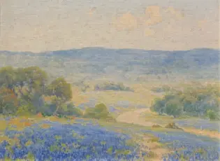 Impressionist landscape painting of a pale sky over blue hills, with a foreground of blue and yellow wildflowers and greenery.